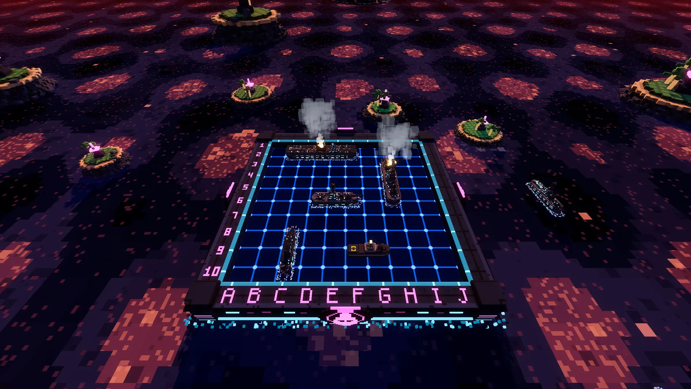 The battle arena from above: a neon-framed grid on the open sea with two ships burning and grey smoke rising