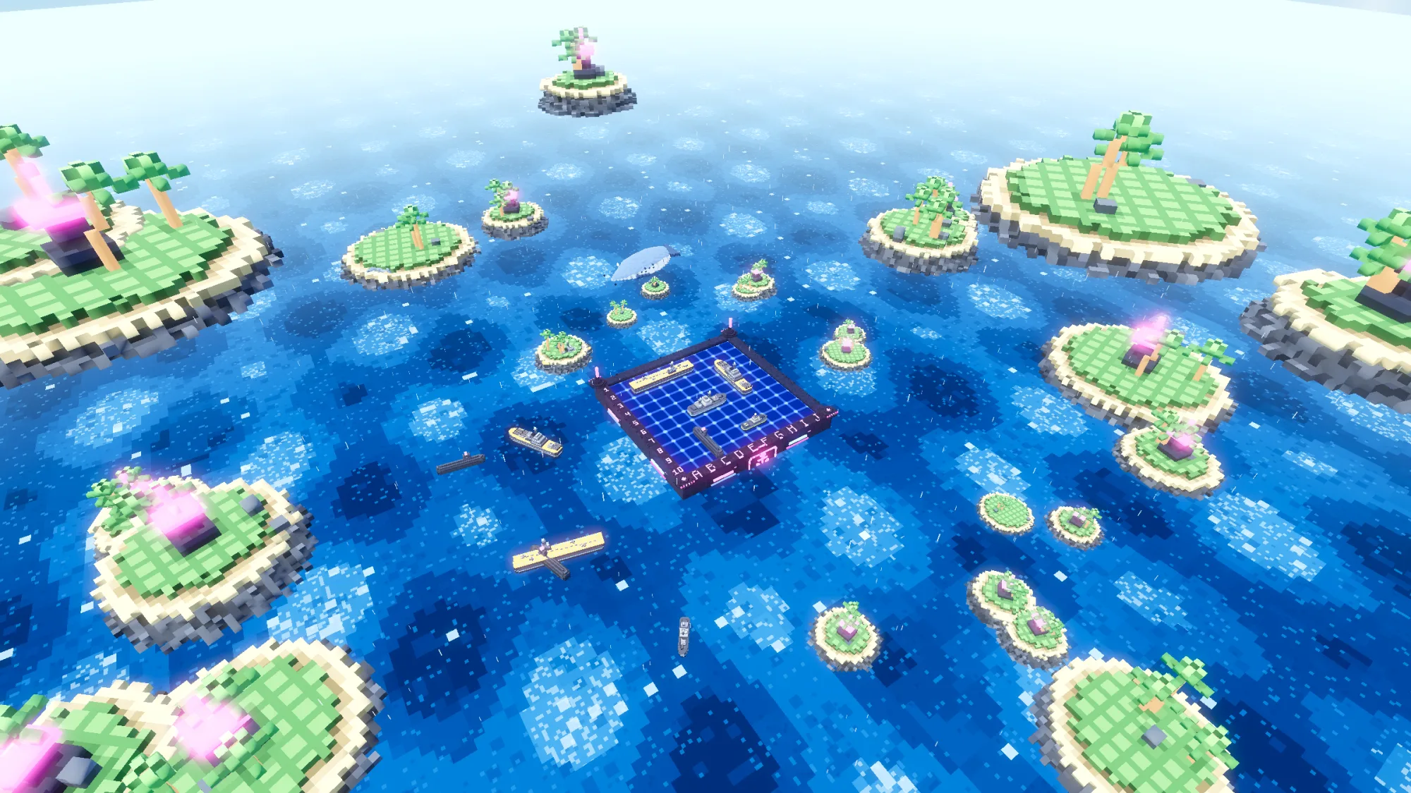 A voxel ocean scattered with tiny islands, a glowing neon battle grid floating in the middle