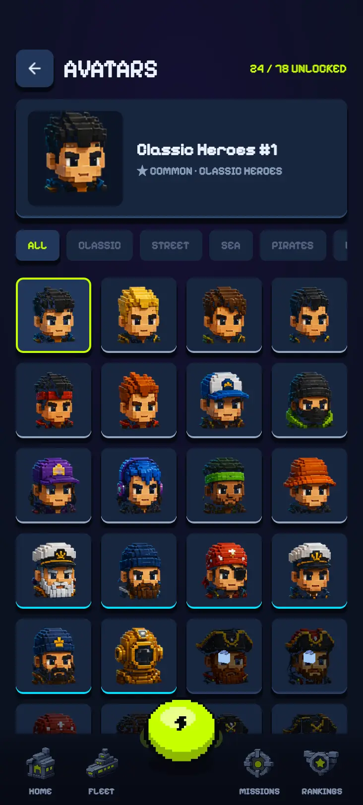 Avatar picker with dozens of voxel captain heads