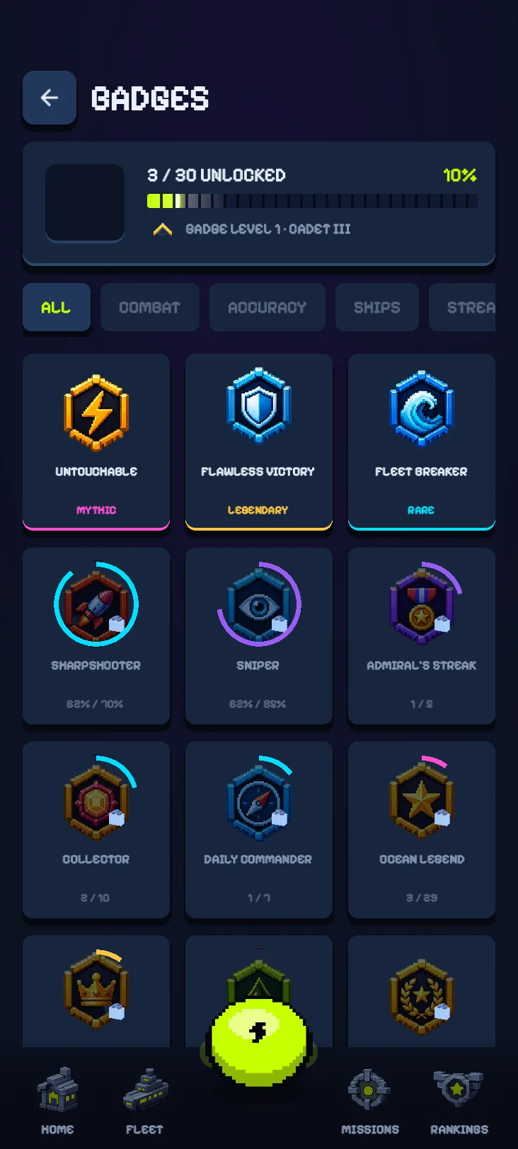 Badge collection screen with hexagonal neon badges and progress rings