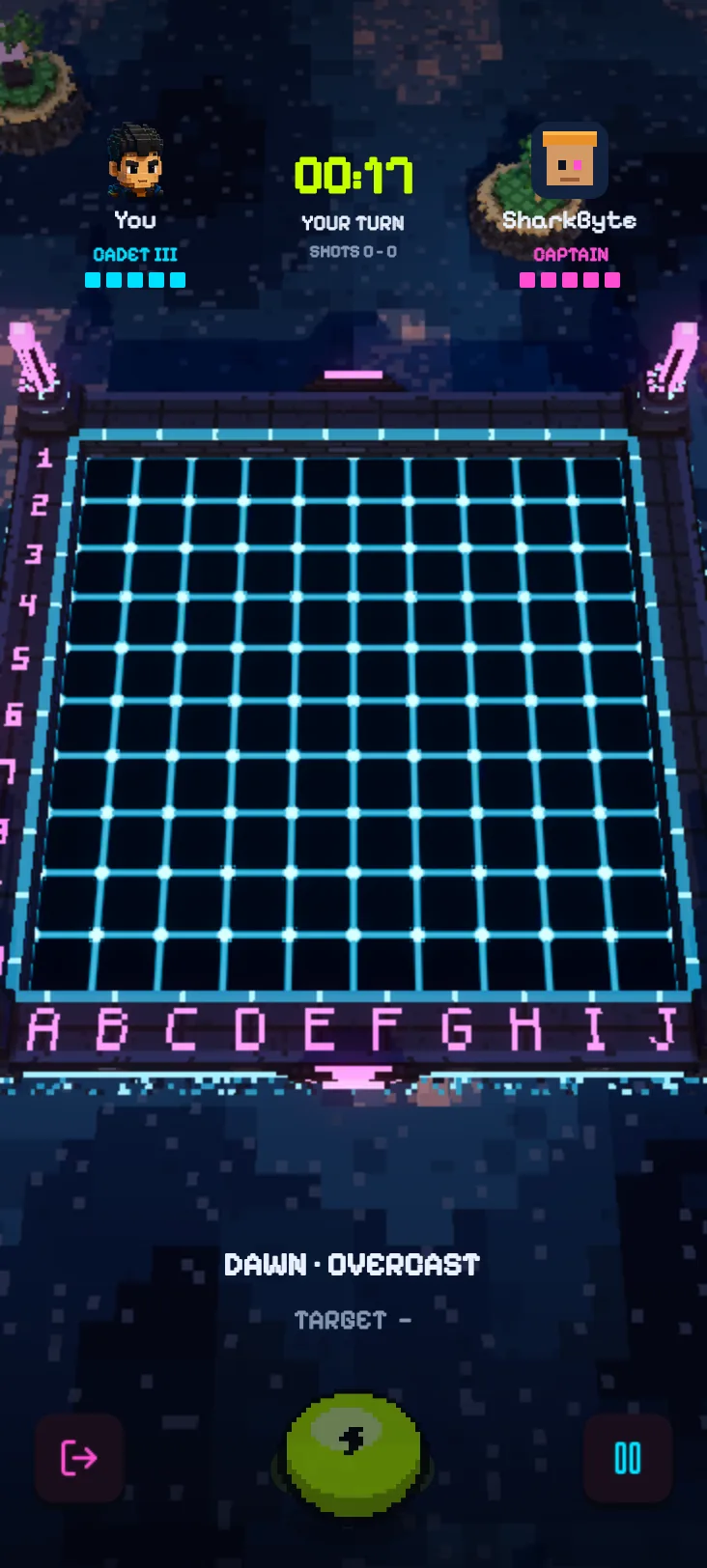Battle screen: the neon grid at dusk with a turn timer and the BOOM button