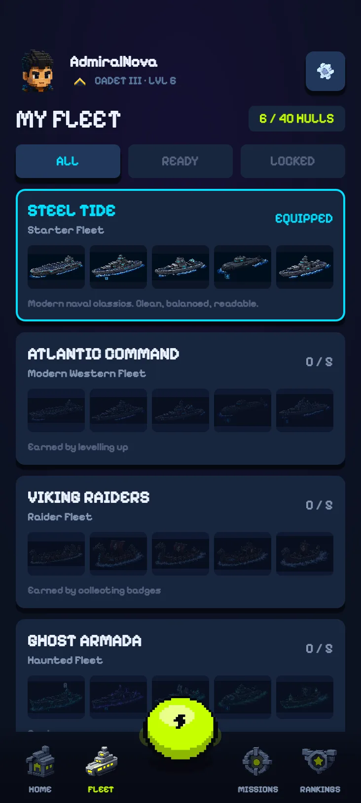 My Fleet screen with collectible voxel warships and rarity tiers