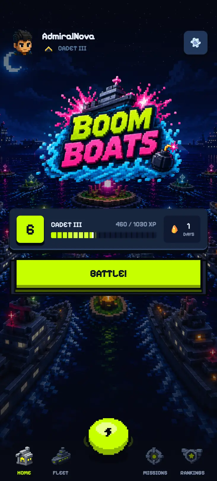 The BoomBoats home screen: captain avatar, rank and XP bar, and a big lime BATTLE! button