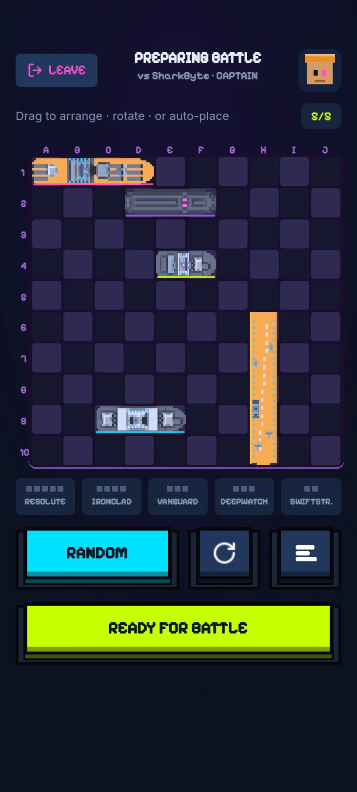 Fleet placement screen with five ships being dragged onto a 10 by 10 grid