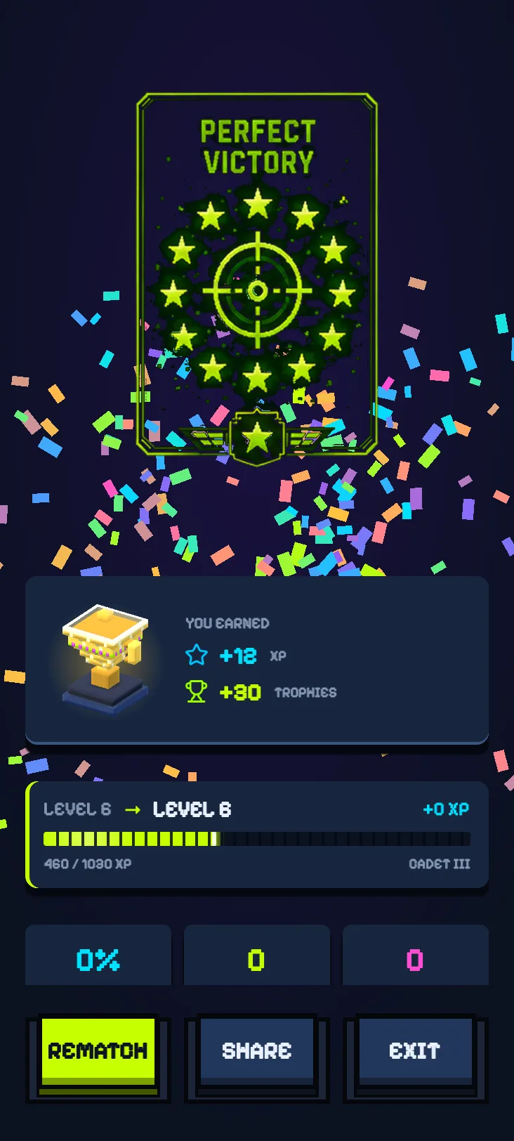 Victory screen with confetti, a voxel trophy and XP, trophy and coin rewards
