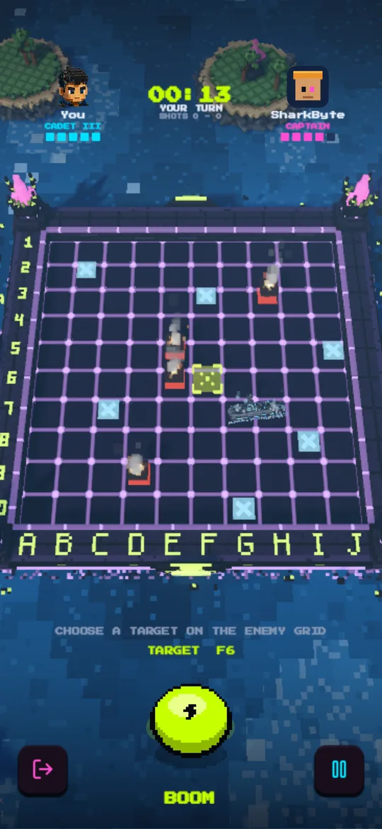 The battle board: a neon grid floating on a voxel ocean