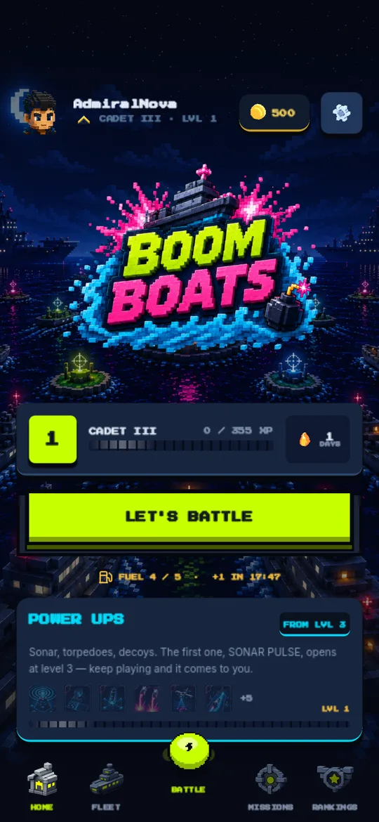 Home screen with the BoomBoats logo, rank card and LET'S BATTLE button