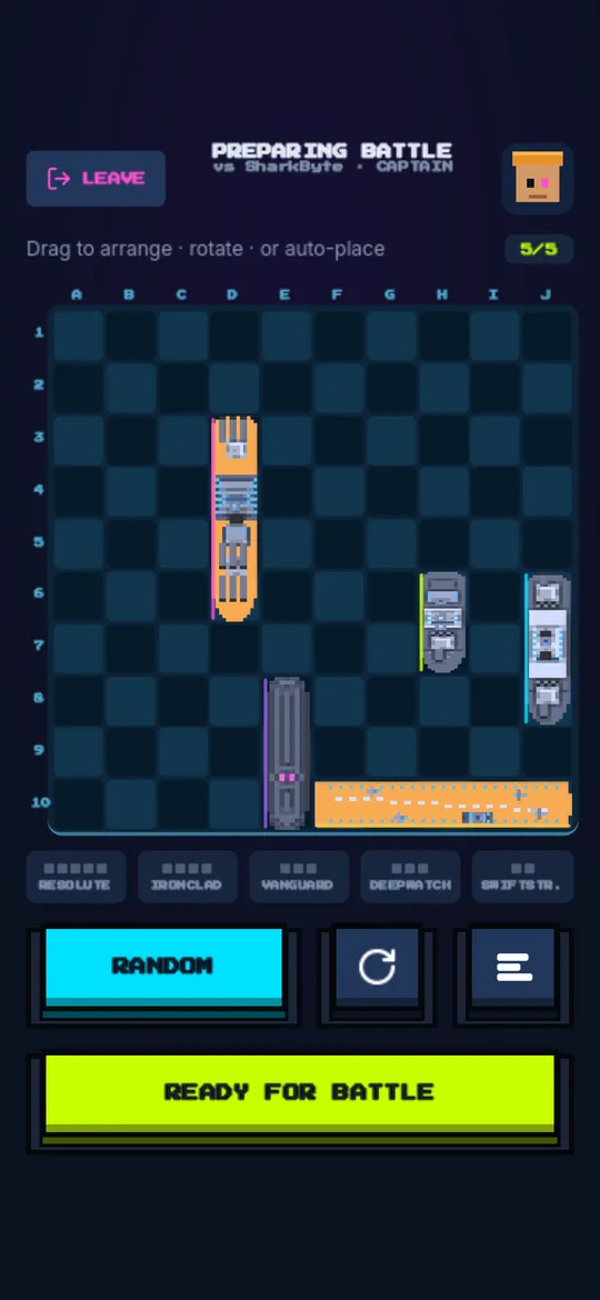 Placing the fleet: five voxel ships dragged onto the grid